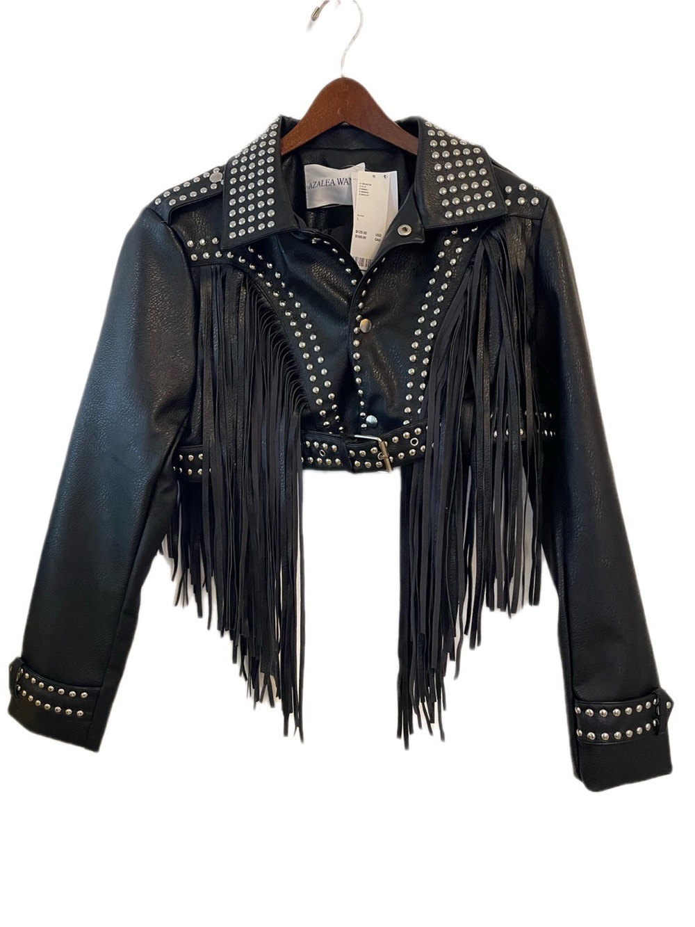 Azalea Wang Jacket Black Faux Leather Cropped Fringe Studded Moto Western Punk L